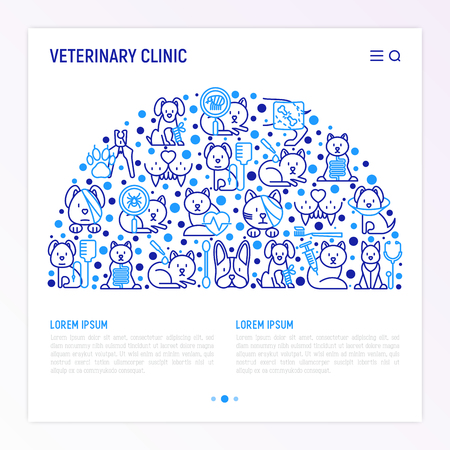 Veterinary clinic concept in half circle with thin line icons: broken leg, protective collar, injection, cardiology, cleaning of ears, bandage on eye, blood transfusion for dog. Vector illustration.のイラスト素材