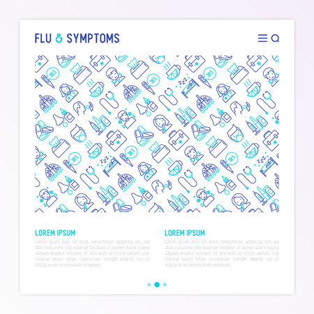 Flu and symptoms concept thin line icons: temperature, chills, heat, runny nose, doctor with stethoscope, nasal drops, cough, phlegm in the lungs. Modern vector illustration for medical report.のイラスト素材