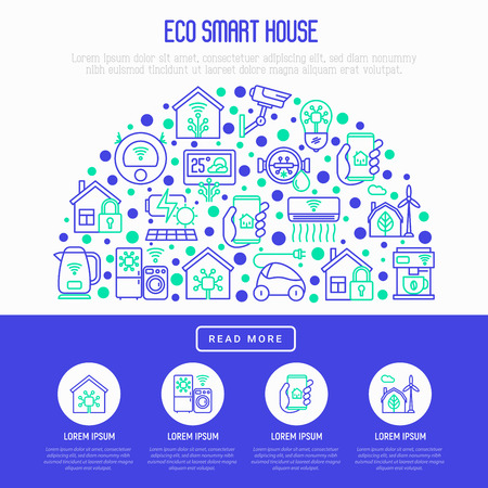 Eco smart house concept in half circle with thin line icons: solar battery, security, light settings, appliances, artificial intelligence, mobile app control. Energy saving vector illustration.のイラスト素材