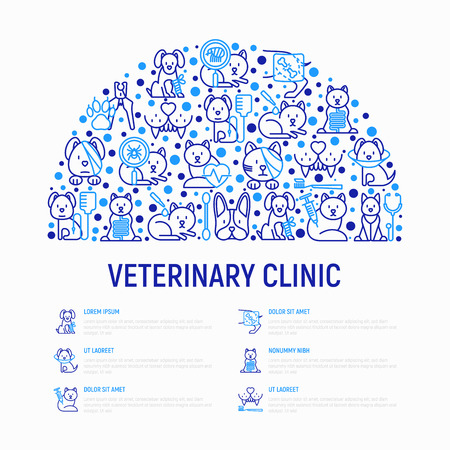 Veterinary clinic concept in half circle with thin line icons: broken leg, protective collar, injection, cardiology, cleaning of ears, bandage on eye, blood transfusion for dog. Vector illustration.のイラスト素材