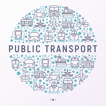 Public transport concept in circle with thin line icons: train, bus, taxi, ship, ferry, trolleybus, tram, car sharing. Front and side view. Modern vector illustration for banner, print media.のイラスト素材