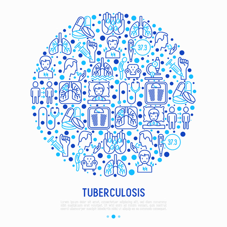 Tuberculosis concept in circle with thin line icons: infection in lungs, x-ray image, dry cough, pain in chest and shoulders, Mantoux test, weight loss. Modern vector illustration for banner, web pageのイラスト素材