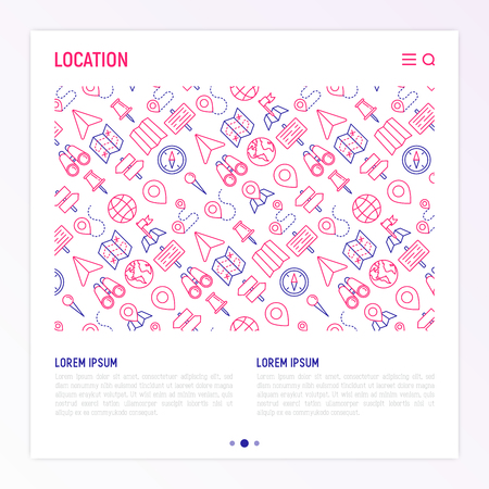 Location concept with thin line icons: pin, pointer, direction, route, compass, wall needle, cursor, navigation, gps, binoculars. Modern vector illustration for banner, web page, print media.のイラスト素材