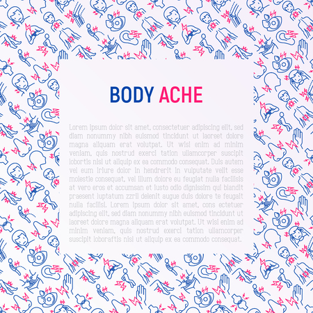 Body aches concept with thin line icons: migraine, toothache, pain in eyes, ear, nose, when urinating, chest pain, menstrual, joint, arthritis, rheumatism. Vector illustration for banner, print media.のイラスト素材