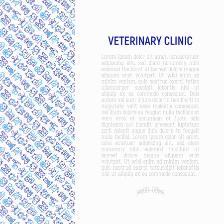 Veterinary clinic concept with thin line icons: broken leg, protective collar, injection, cardiology, cleaning of ears, teeth, shearing claws, bandage on eye, blood transfusion. Vector illustration.のイラスト素材