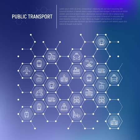 Public transport concept in honeycombs with thin line icons: train, bus, taxi, ship, ferry, trolleybus, tram, car sharing. Front and side view. Modern vector illustration for web page, print media.のイラスト素材