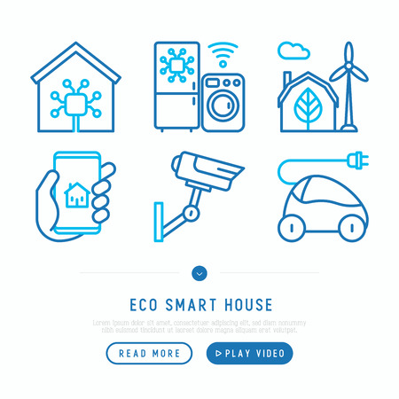 Eco smart house thin line icons set: solar battery, security, light settings, appliances, artificial intelligence, mobile app control, electro car. Energy saving vector illustration.のイラスト素材