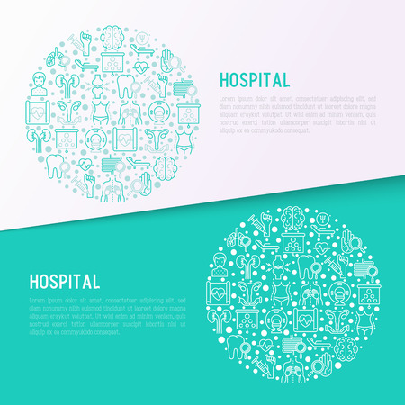 Hospital concept in circle with thin line icons for doctor's notation: neurologist, gastroenterologist, manual therapy, ophtalmologist, cardiology, allergist, dermatologist. Vector illustration.のイラスト素材