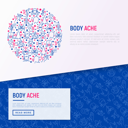 Body aches concept in circle with thin line icons: migraine, toothache, pain in eyes, ear, nose, when urinating, chest pain, menstrual, joint, arthritis. Vector illustration for web page template.のイラスト素材