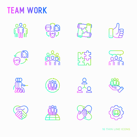 Teamwork thin line icons set: group of people, mutual assistance, meeting, handshake, tug-of-war, cooperation, puzzle, team spirit, cooperation. Modern vector illustration.のイラスト素材