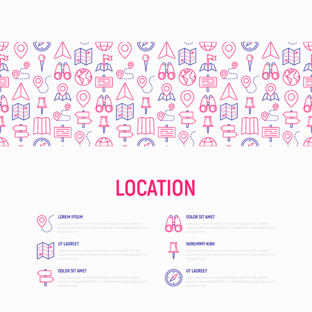 Location concept with thin line icons: pin, pointer, direction, route, compass, wall needle, cursor, navigation, gps, binoculars. Modern vector illustration for banner, web page, print media.のイラスト素材