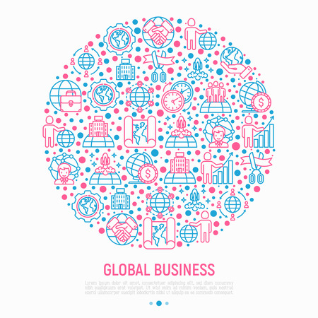 Global business concept in circle with thin line icons: investment, outsourcing, agreement, transactions, time zone, headquarter, start up, opening ceremony. Vector illustration for print media.のイラスト素材
