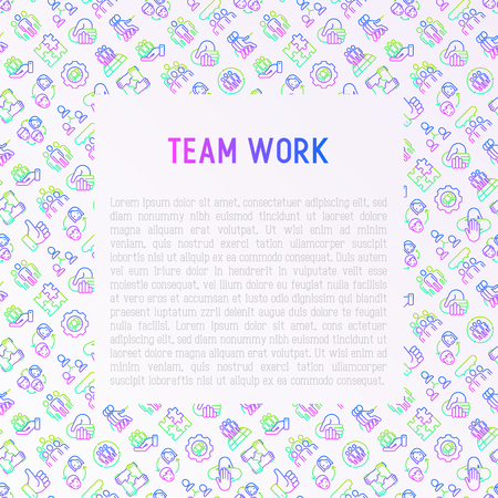 Teamwork concept with thin line icons: group of people, mutual assistance, meeting, handshake, tug-of-war, cooperation, puzzle, team spirit, cooperation. Vector illustration for banner, print media.のイラスト素材