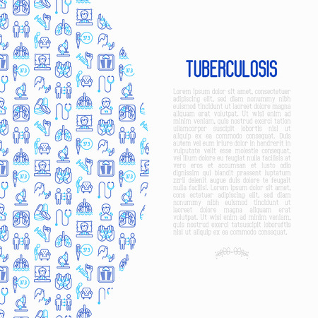 Tuberculosis concept with thin line icons: infection in lungs, x-ray image, dry cough, pain in chest and shoulders, Mantoux test, weight loss. Modern vector illustration for banner, web page template.のイラスト素材