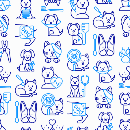 Veterinary clinic seamless pattern with thin line icons: broken leg, protective collar, injection, cardiology, cleaning of ears, shearing claws, bandage on eye, blood transfusion. Vector illustration.のイラスト素材