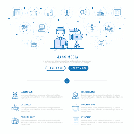 Mass media concept: journalist with microphone makes reportage. Thin line icons: newspaper, article, blog, report, radio, internet, interview, video, photo. Vector illustration, web page template.のイラスト素材