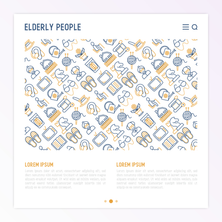 Elderly people concept with thin line icons: grandmother, grandfather, glasses, slippers, knitting, rocking chair, hearing aid, flowers, reading, false jaw, chess. Vector illustration for print media.のイラスト素材