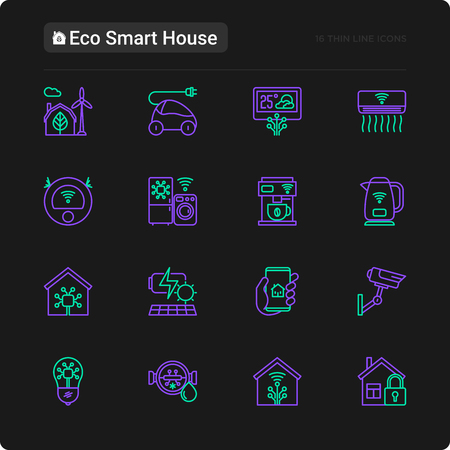 Eco smart house thin line icons set: solar battery, security, light settings, appliances, artificial intelligence, mobile app control. Energy saving vector illustration for black theme.のイラスト素材