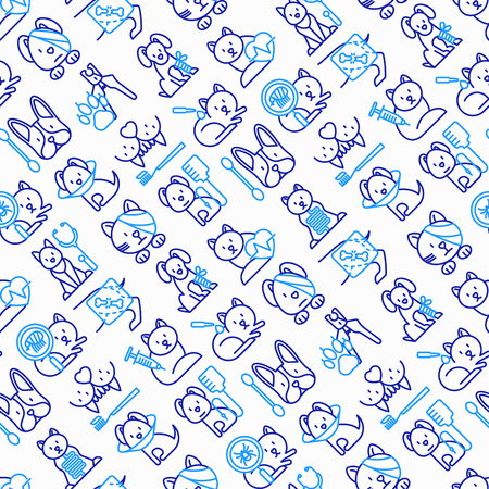 Veterinary clinic seamless pattern with thin line icons: broken leg, protective collar, injection, cardiology, cleaning of ears, shearing claws, bandage on eye, blood transfusion. Vector illustration.のイラスト素材