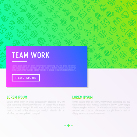 Teamwork concept with thin line icons: group of people, mutual assistance, meeting, handshake, tug-of-war, cooperation, puzzle, team spirit, cooperation. Vector illustration, web page template.のイラスト素材
