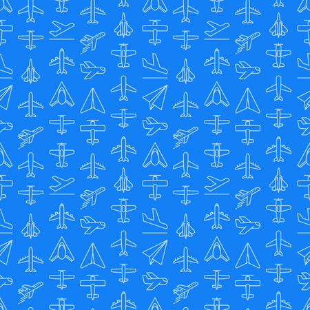 Airplane seamless pattern with thin line icons: agricultural aircraft, passenger's plane, military aviation, paper plane. Top, side, front views. Modern vector illustration.のイラスト素材