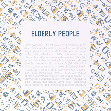 Elderly people concept with thin line icons: grandmother, grandfather, glasses, slippers, knitting, rocking chair, hearing aid, flowers, reading, false jaw, chess. Vector illustration.のイラスト素材