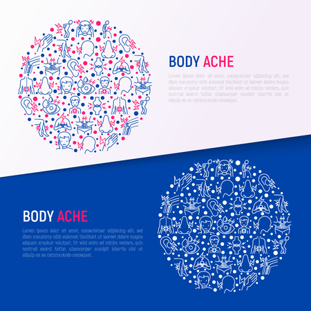 Body aches concept in circle with thin line icons: migraine, toothache, pain in eyes, ear, nose, when urinating, chest pain, menstrual, joint, arthritis. Vector illustration for web page template.のイラスト素材