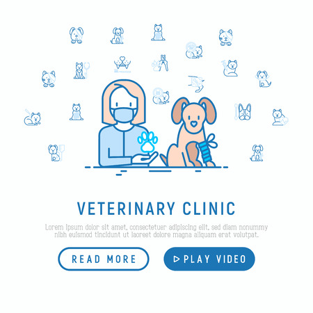 Veterinary clinic concept: doctor and dog with broken leg. Thin line icons: protective collar, injection, cardiology, cleaning of ears, shearing claws. Vector illustration, web page template.のイラスト素材