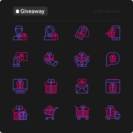 Giveaway or gifts thin line icons set: present in hand, trolley, cart, truck, envelope. Modern vector illustration for black theme.のイラスト素材
