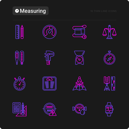 Measuring thin line icons set: stopwatch, weight scales, speedometer, smart watch, brass scales, thermometer. Modern vector illustration for black theme.のイラスト素材