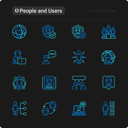People and users thin line icons set: management, communication, human resources, teamwork, candidate. Modern vector illustration for black theme.のイラスト素材
