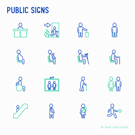Public signs thin line icons set: information stand, fire or emergency exit, use trash can, seats for pregnant women, disabled, elderly people, woman with child, elevator, WC. Vector illustration.のイラスト素材
