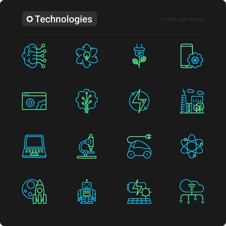 Technologies thin line icons set: electric car, rocket, robotics, solar battery, machine intelligence, web development. Vector illustration for black theme.のイラスト素材