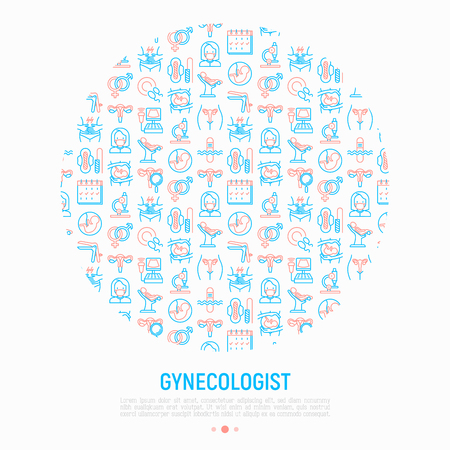 Gynecologist concept in circle with thin line icons: uterus, ovaries, gynecological chair, pregnancy, ultrasound, sanitary napkin, test, embryo. Modern vector illustration, web page template.のイラスト素材