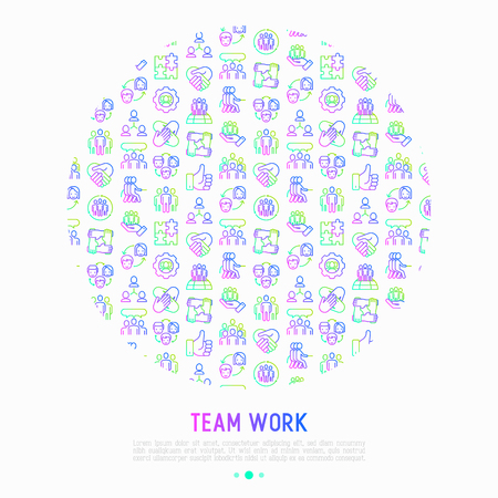 Teamwork concept in circle with thin line icons: group of people, mutual assistance, meeting, handshake, tug-of-war, cooperation, puzzle, team spirit, cooperation. Modern vector illustration.のイラスト素材