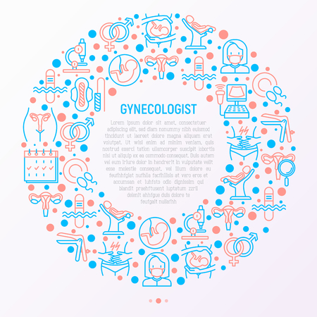 Gynecologist concept in circle with thin line icons: uterus, ovaries, gynecological chair, pregnancy, ultrasound, sanitary napkin, test, embryo, menstruation, ovulation Modern vector illustration.のイラスト素材