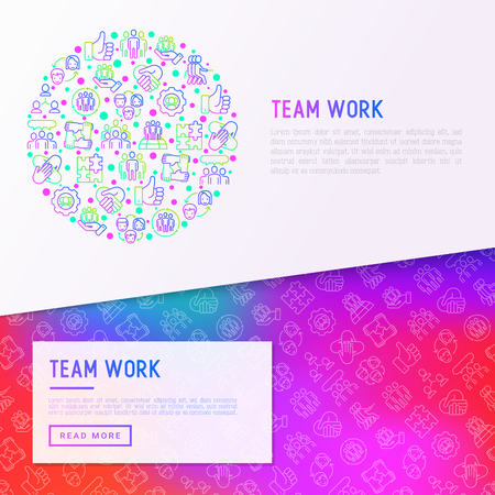 Teamwork concept in circle with thin line icons: group of people, mutual assistance, meeting, handshake, tug-of-war, cooperation, team spirit, cooperation. Vector illustration, web page template.のイラスト素材