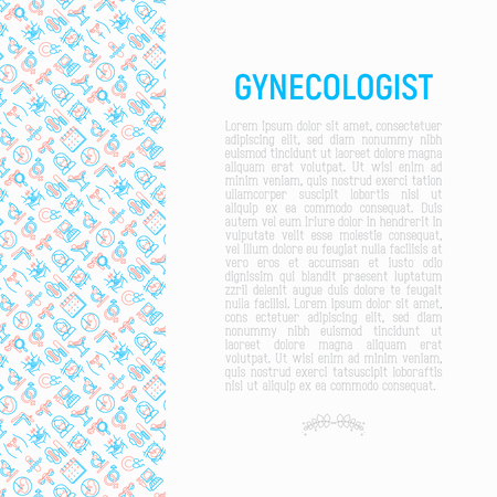 Gynecologist concept with thin line icons: uterus, ovaries, gynecological chair, pregnancy, ultrasound, sanitary napkin, test, embryo, menstruation, ovulation, vaginal expander. Vector illustration.のイラスト素材