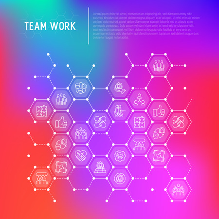 Teamwork concept in honeycombs with thin line icons: group of people, mutual assistance, meeting, handshake, tug-of-war, cooperation, puzzle, team spirit, cooperation. Vector illustration.のイラスト素材