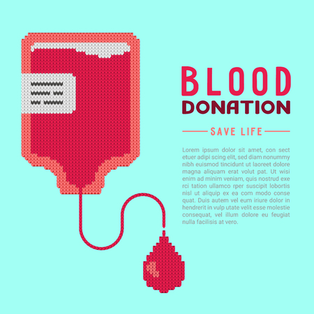 Blood donation concept: knitted blood bag with blood drop. Modern vector illustration.のイラスト素材