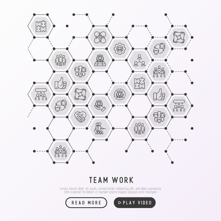 Teamwork concept in honeycombs with thin line icons: group of people, mutual assistance, meeting, handshake, tug-of-war, cooperation, puzzle, team spirit, cooperation. Modern vector illustration.のイラスト素材