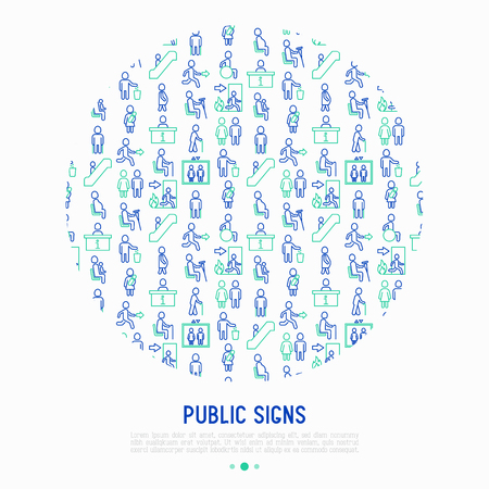 Public signs concept in circle thin line icons: information stand, fire or emergency exit, use trash can, seats for pregnant women, disabled, elderly people, elevator, WC. Vector illustration.のイラスト素材
