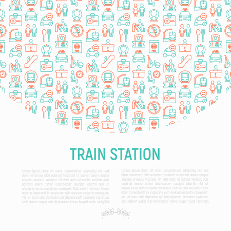 Train station concept with thin line icons: information, ticket office, toilet, taxi, metro, waiting room, luggage storage, turnstile, food court, no smoking, bicycles rent. Modern vector illustration for banner, print media.のイラスト素材