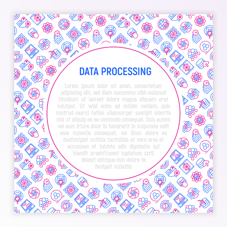 Data processing concept with thin line icons: data science, filtering, deep learning, mobile syncing, big data, modeling API, usage, tracking, cloud database. Modern vector illustration.のイラスト素材