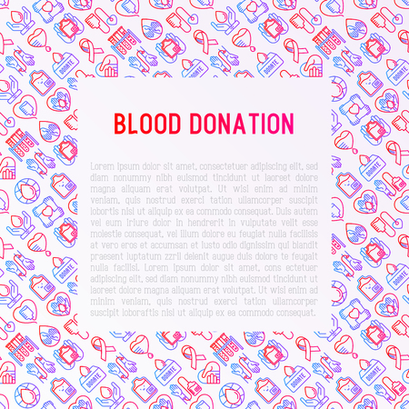 Blood donation, charity, mutual aid concept with thin line icons. Symbols of blood transfusion, medical help and volunteers. Modern vector illustration, poster, print media for World donor's day.のイラスト素材