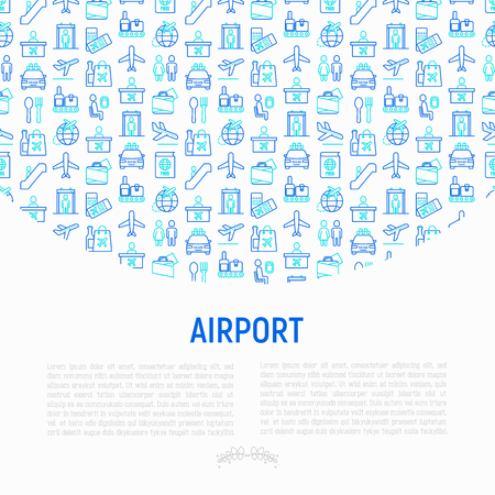 Airport concept with thin line icons: check-in counter, gates, boarding pass, escalator, toilet, food court, baggage claim, wrapping service, duty free, departures. Vector illustration for print mediaのイラスト素材