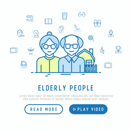 Elderly people concept with thin line icons: grandmother, grandfather, glasses, slippers, knitting, rocking chair, hearing aid, flowers. Modern vector illustration, web page template.のイラスト素材