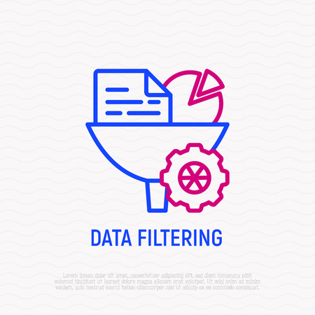 Data filtering, infornation through funnel thin line icon. Modern vector illustration.のイラスト素材
