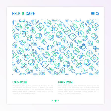 Help and care concept with thin line icons: symbols of support, help for children and disabled, togetherness, philanthropy and donation. Modern vector illustration, template for print media.のイラスト素材
