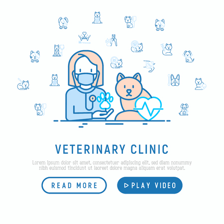 Veterinary clinic concept. Thin line icons: injection, cardiology, cleaning of ears, teeth, shearing claws, broken leg. Vector illustration, web page template.のイラスト素材